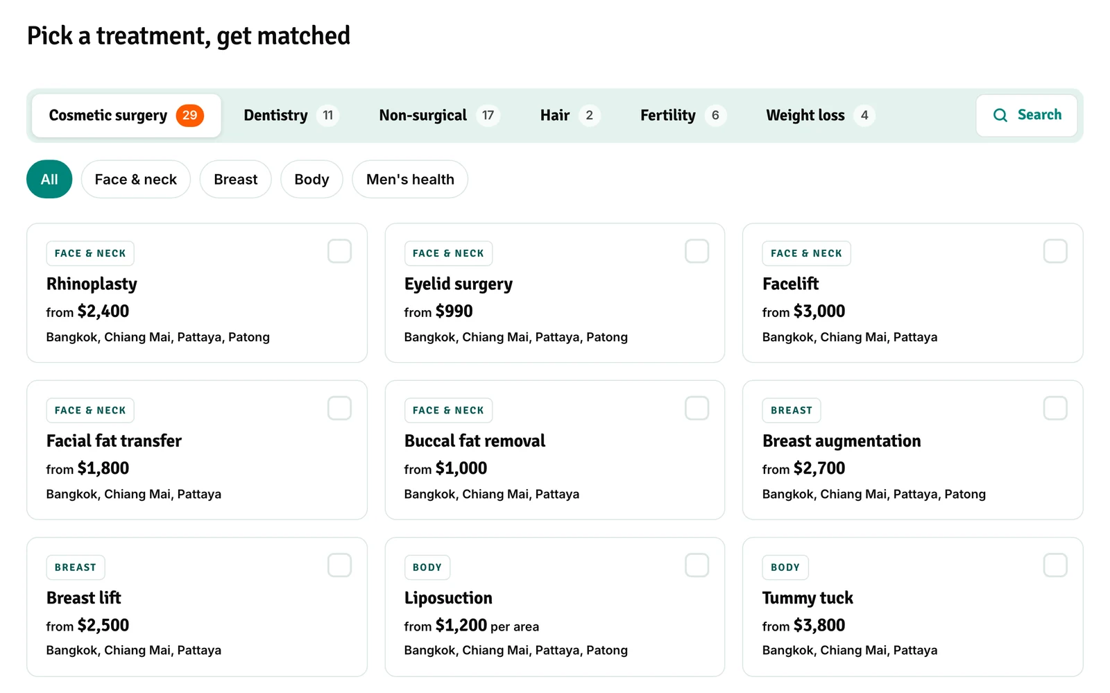 CareCompass, treatments by category with starting prices