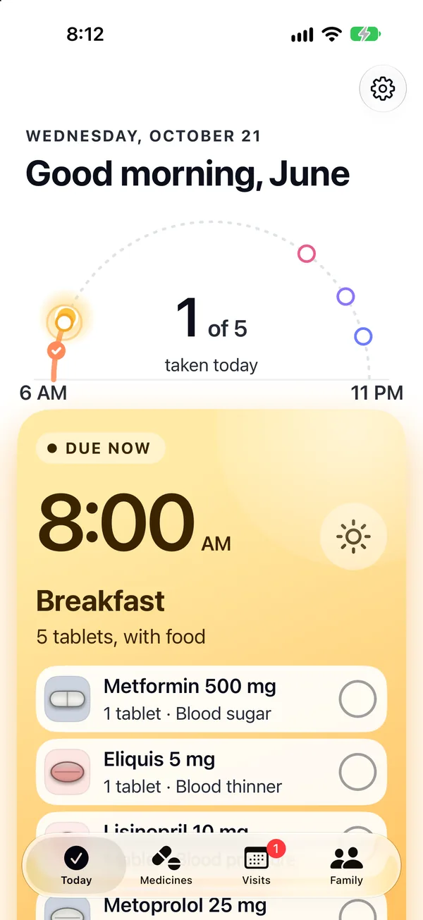 Say When's Today screen at 8:12 AM on Wednesday: Good morning, June, 1 of 5 taken today, the day drawn as the sun's path, and the breakfast card, due now at 8:00 AM, 5 tablets with food, listing Metformin and Eliquis.