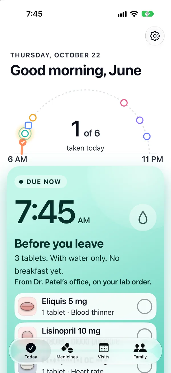 Say When's Today screen on Thursday at 7:45 AM: due now, before you leave, 3 tablets with water only and no breakfast yet, from Dr. Patel's office, on your lab order. Eliquis and Lisinopril are listed.