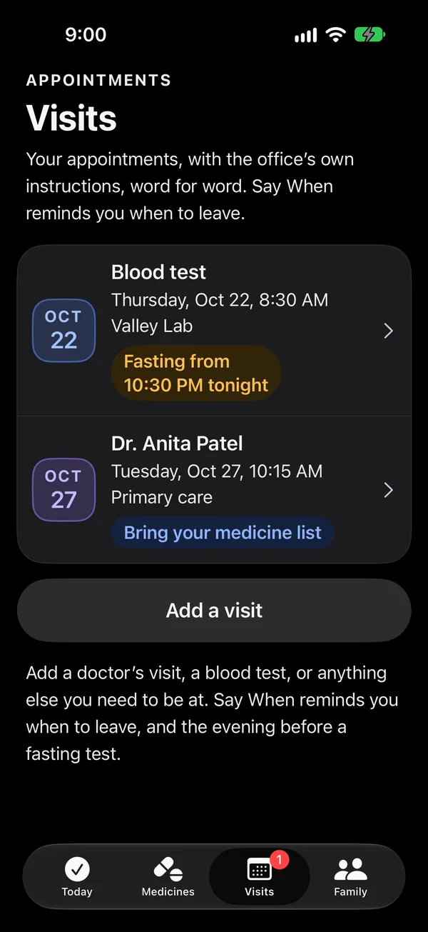 The Visits tab: a blood test on Thursday, Oct 22, at 8:30 AM at Valley Lab, fasting from 10:30 PM tonight, and Dr. Anita Patel, primary care, on Tuesday, Oct 27, at 10:15 AM, bring your medicine list. An Add a visit button.